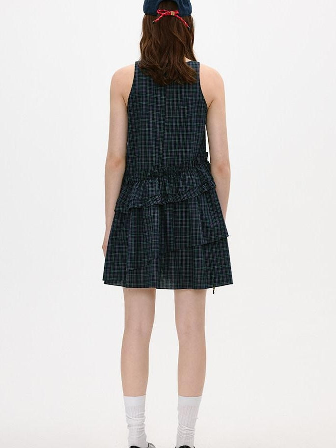 fano Cotton Sleeveless Korean Office A Line Plaid Natural Waist Midi Dresses