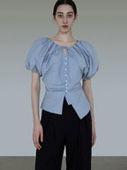 unspoken Breathable Cotton Tie Waist Puff Sleeve Commuter Women Round Neck Button Blouses