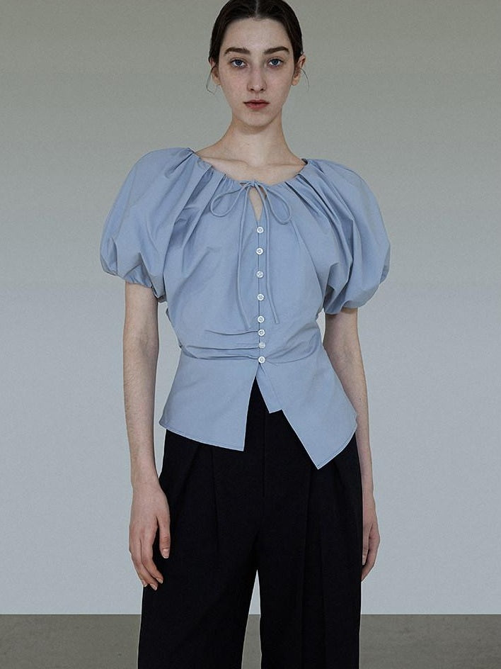 unspoken Breathable Cotton Tie Waist Puff Sleeve Commuter Women Round Neck Button Blouses