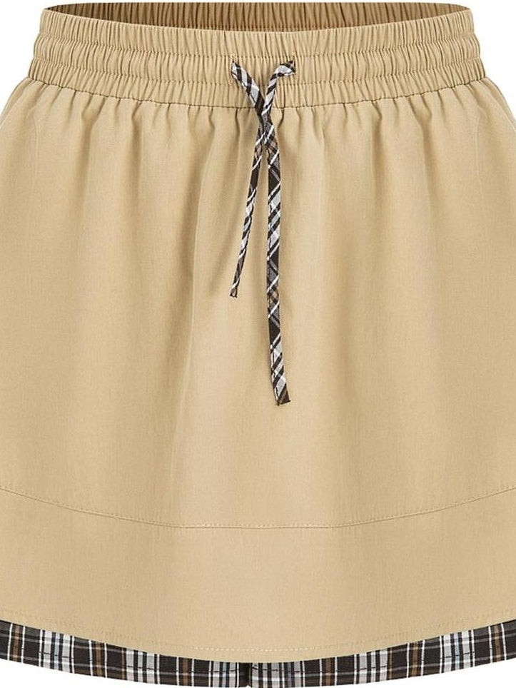 fano Khaki Drawstring A Line Mid Waist Casual Cotton Blend Women Mini Skirts