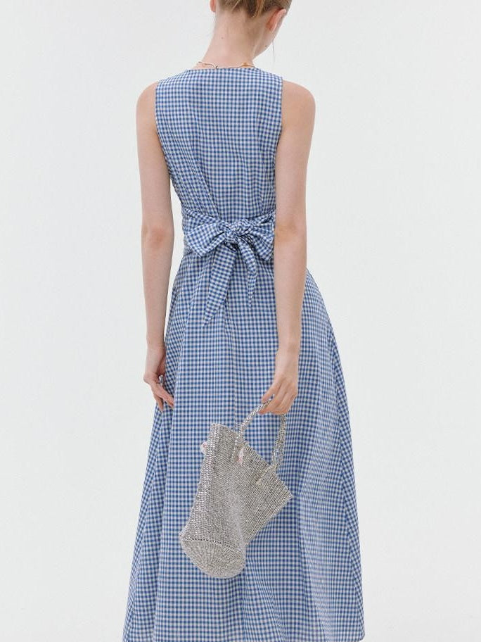 fano Pure Cotton Sleeveless V-neck A Line Office Casual Women Blue Midi Dresses