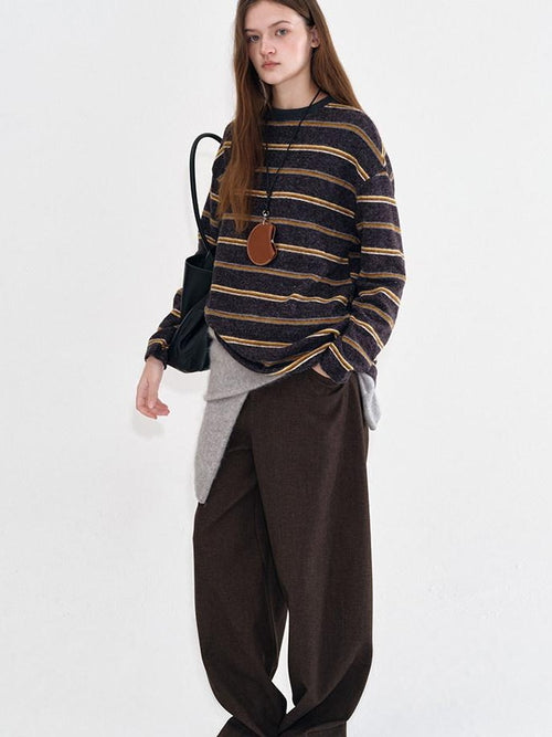 fano Acrylic Knit Striped Crew Neck Oversized Casual Women Long Sleeve T-Shirts