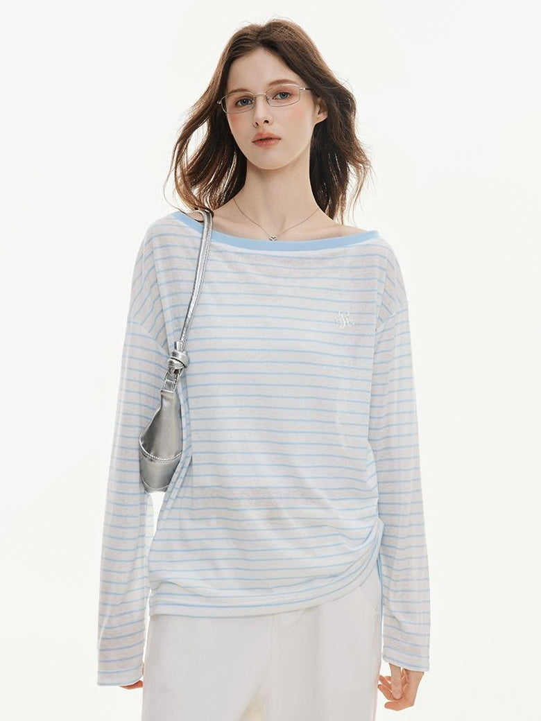 ikyou Cooling Lyocell Loose Embroidered Women Blue Striped Long Sleeve T-Shirts