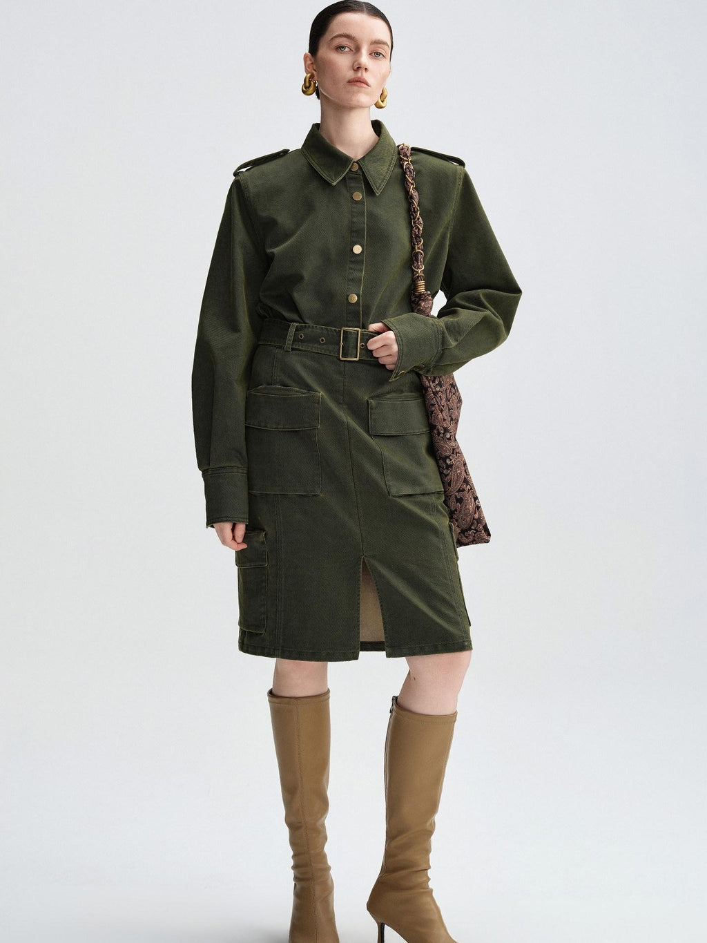 audreyyang Thick Cotton Cinched Waist Vintage Long Sleeve Army Green Top & Skirt Sets