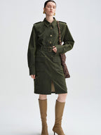 audreyyang Thick Cotton Cinched Waist Vintage Long Sleeve Army Green Top & Skirt Sets