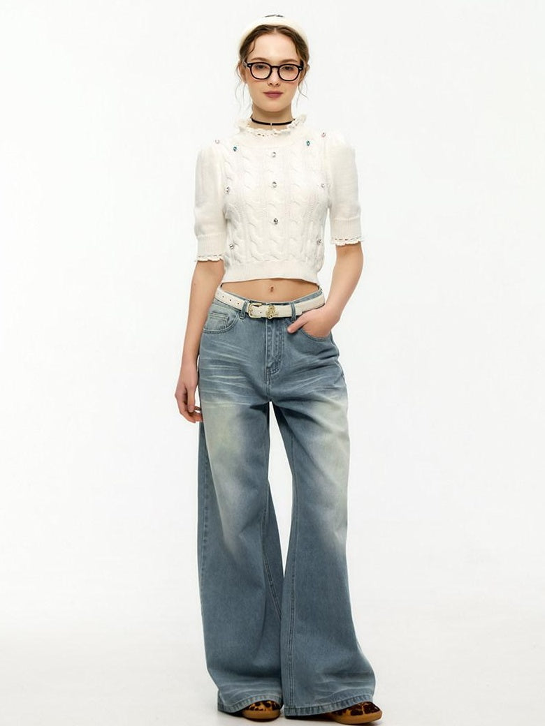 ikyou Rhinestone Lace Hollowout 3D Detail Minimal Commuter Slim Crop Knitwear Sweaters