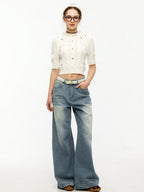 ikyou Rhinestone Lace Hollowout 3D Detail Minimal Commuter Slim Crop Knitwear Sweaters