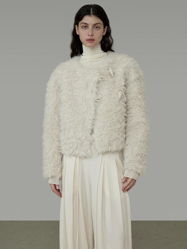 unspoken Warm Thick Minimalist Loose Fit Round Neck Ivory Workwear Cropped Jackets