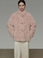 unspoken Warm Thick Stand Collar Loose Fit Rounded Hem Women Pink Solid Short Coat