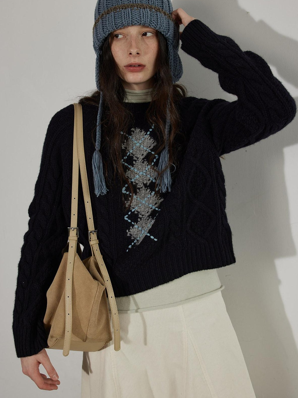 Lofi choose Soft Acrylic Crewneck Loose Fit Diamond Pattern Commuter Knitwear Sweaters