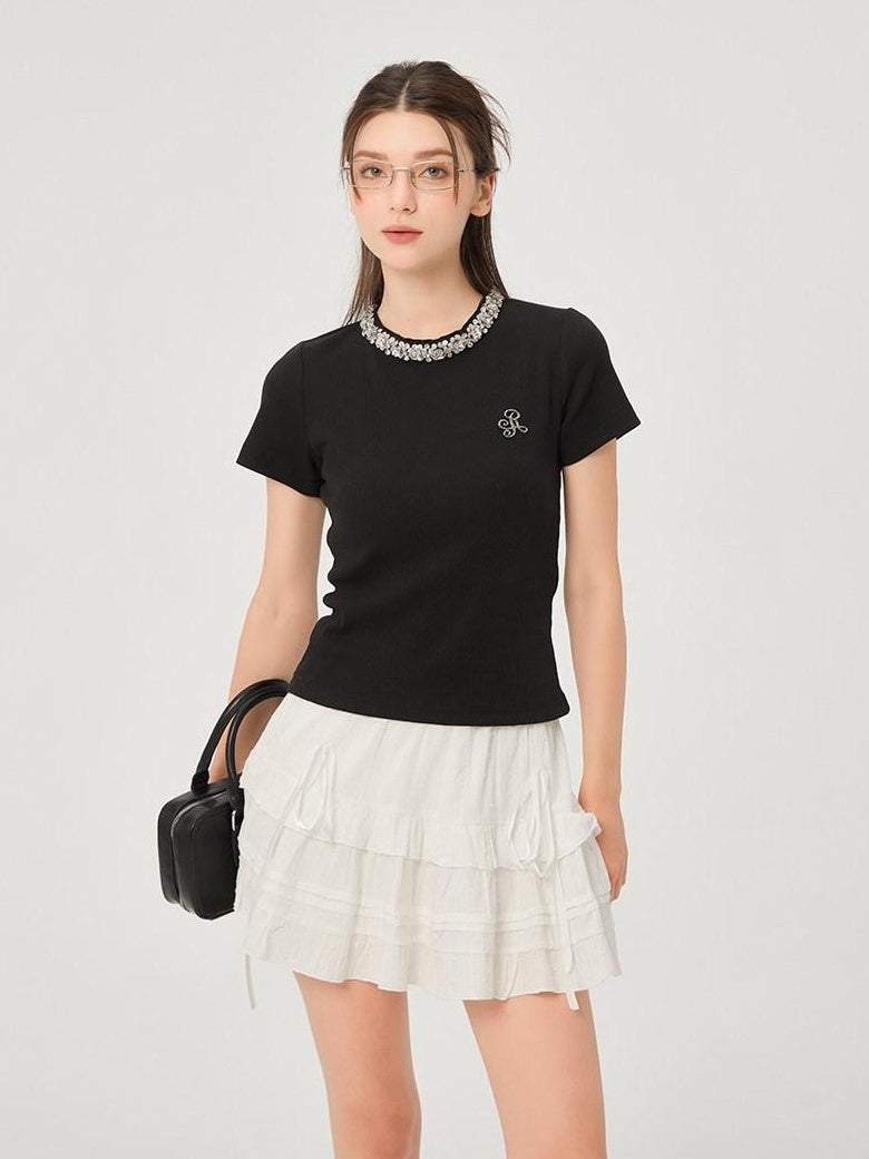 ikyou Durable Cotton Blend Slim Fit Short Sleeve Crewneck Women Black Basic Crop Tops