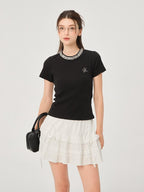 ikyou Durable Cotton Blend Slim Fit Short Sleeve Crewneck Women Black Basic Crop Tops