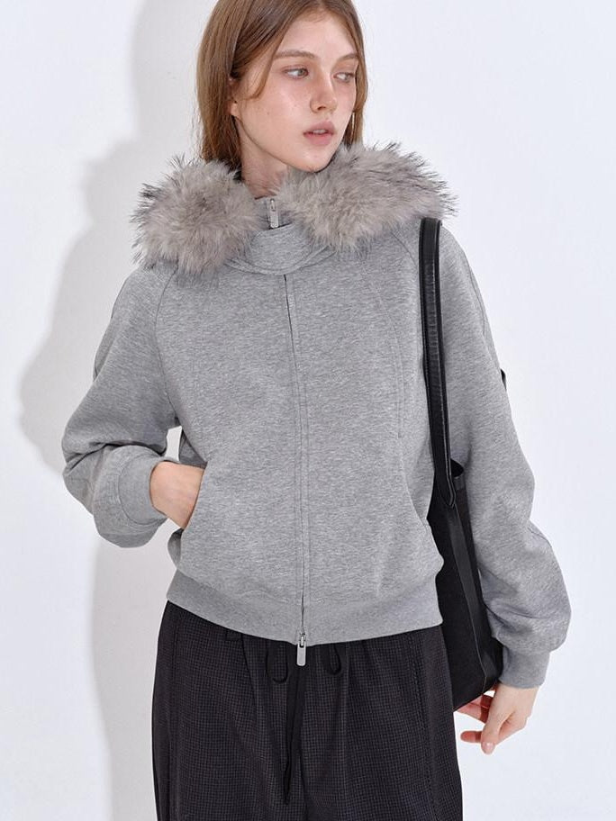 fano Detachable Zip Windproof Short Loose Casual Women Apple Shape Heather Gray Hoodie