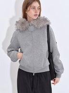 fano Detachable Zip Windproof Short Loose Casual Women Apple Shape Heather Gray Hoodie
