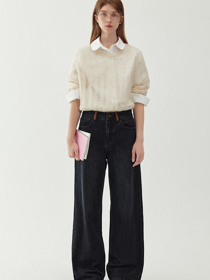 fano Washed Minimal Loose Natural Waist Raw Denim Youth Nonstretch Straight Leg Jeans