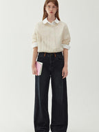 fano Washed Minimal Loose Natural Waist Raw Denim Youth Nonstretch Straight Leg Jeans