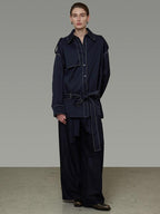 unspoken Vintage Loose Fit Irregular Pocket Detail Women Navy Polyester Trench Coats