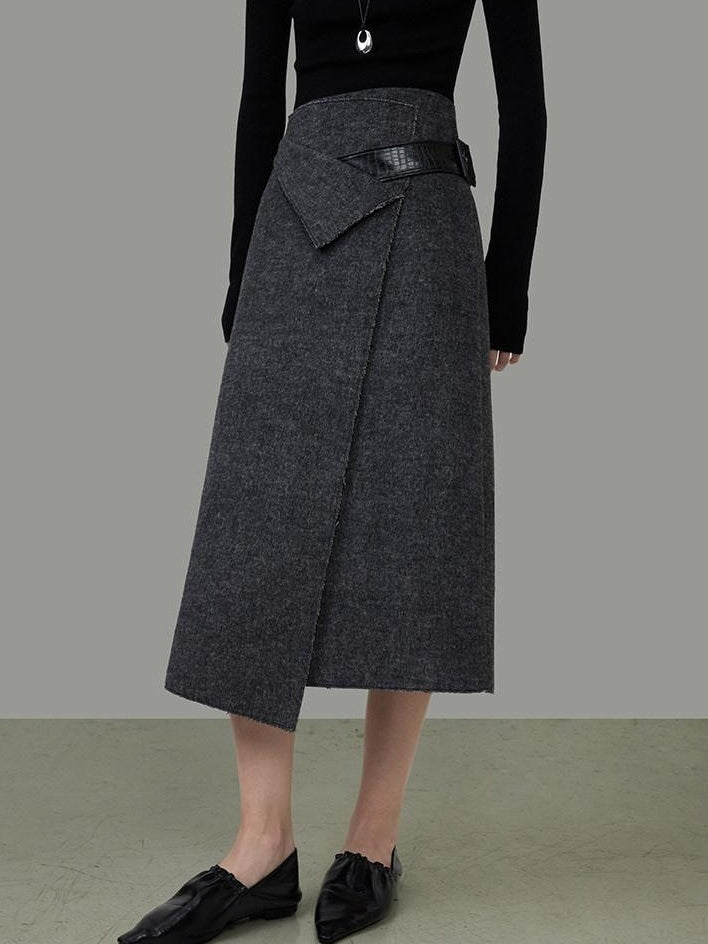 unspoken Wool Blend Lined Asymmetric Aline Mid Waist Minimal Workwear Women Midi Skirts