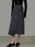 unspoken Wool Blend Lined Asymmetric Aline Mid Waist Minimal Workwear Women Midi Skirts