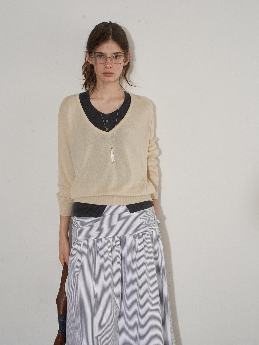 Lofi choose High Waist Cotton Comfort Pleated Loose Fit Office Women Blue Stripe Midi Skirts