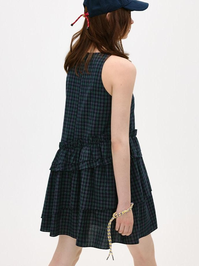 fano Cotton Sleeveless Korean Office A Line Plaid Natural Waist Midi Dresses