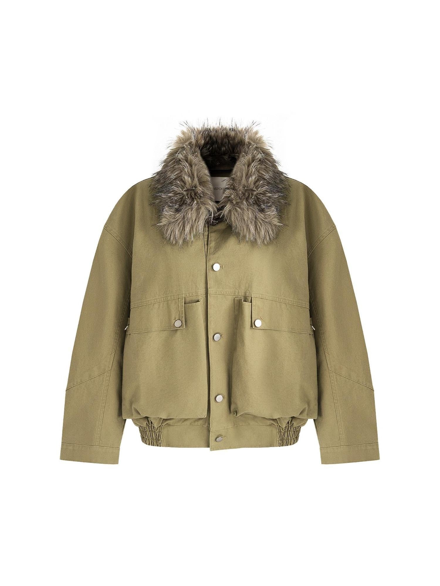 unspoken Thick Fleece Lined Fur Collar Loose Minimal Commuter Women Sage Puffer Jackets