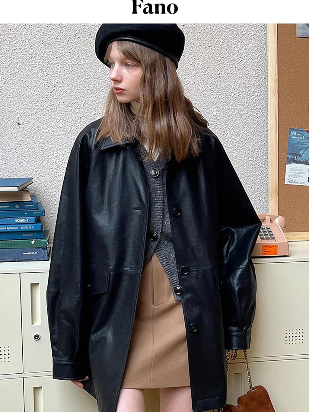 fano Windproof Pu Commuter Relaxed Raglan Women Mid Length Black Leather Jackets