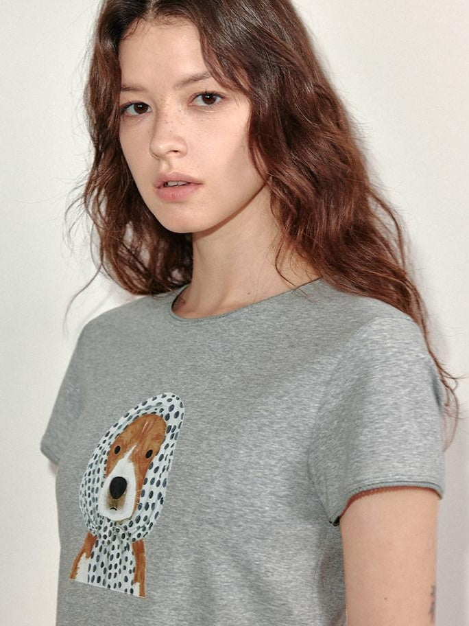 fano Viscose Blend Korean Slim Fit Crew Neck Animal Print Women Short Sleeve T-Shirts