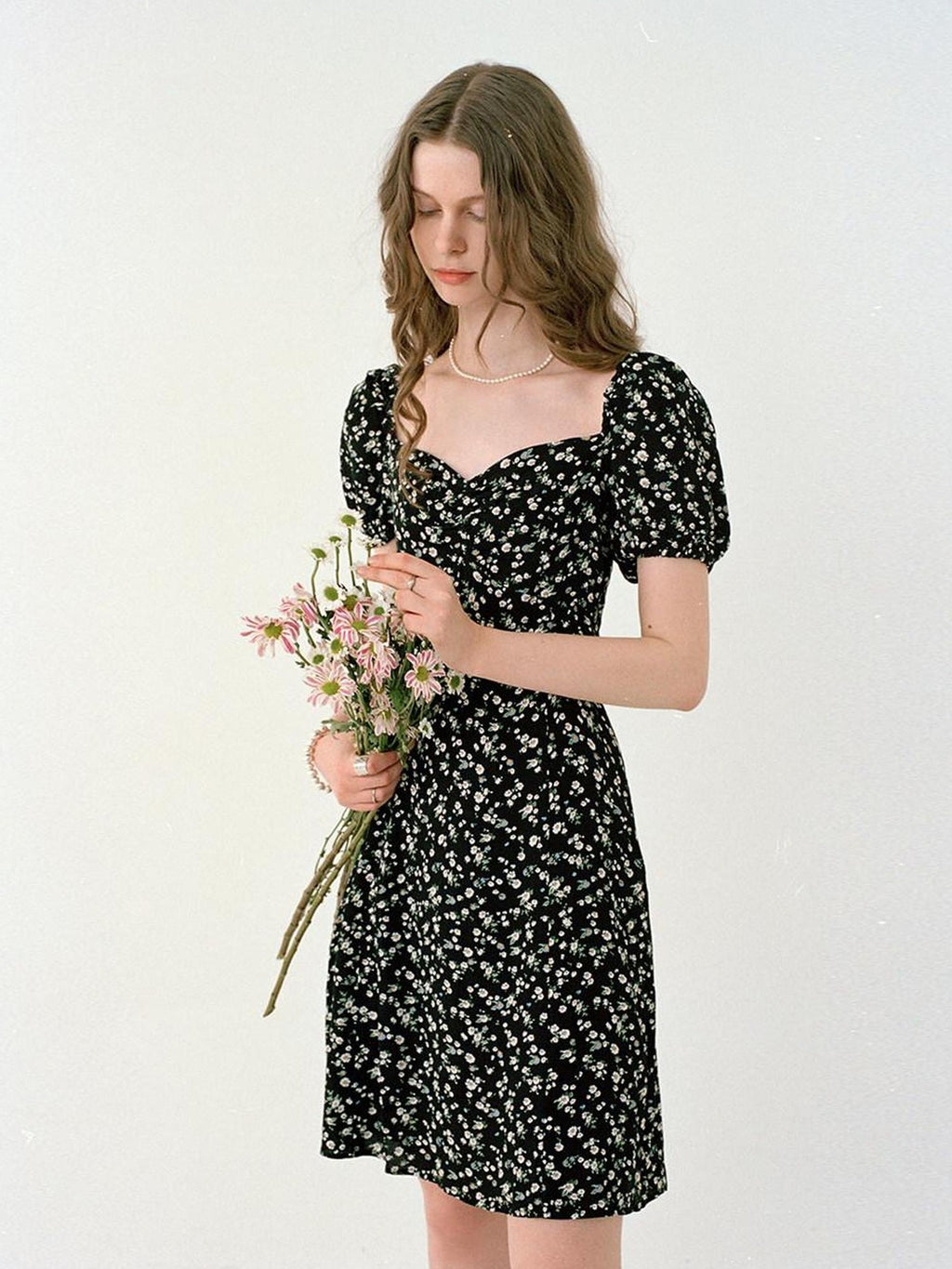 fano Black Floral Puff Sleeve V-neck High Waist A Line Office Chic Midi Dresses