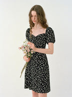 fano Black Floral Puff Sleeve V-neck High Waist A Line Office Chic Midi Dresses
