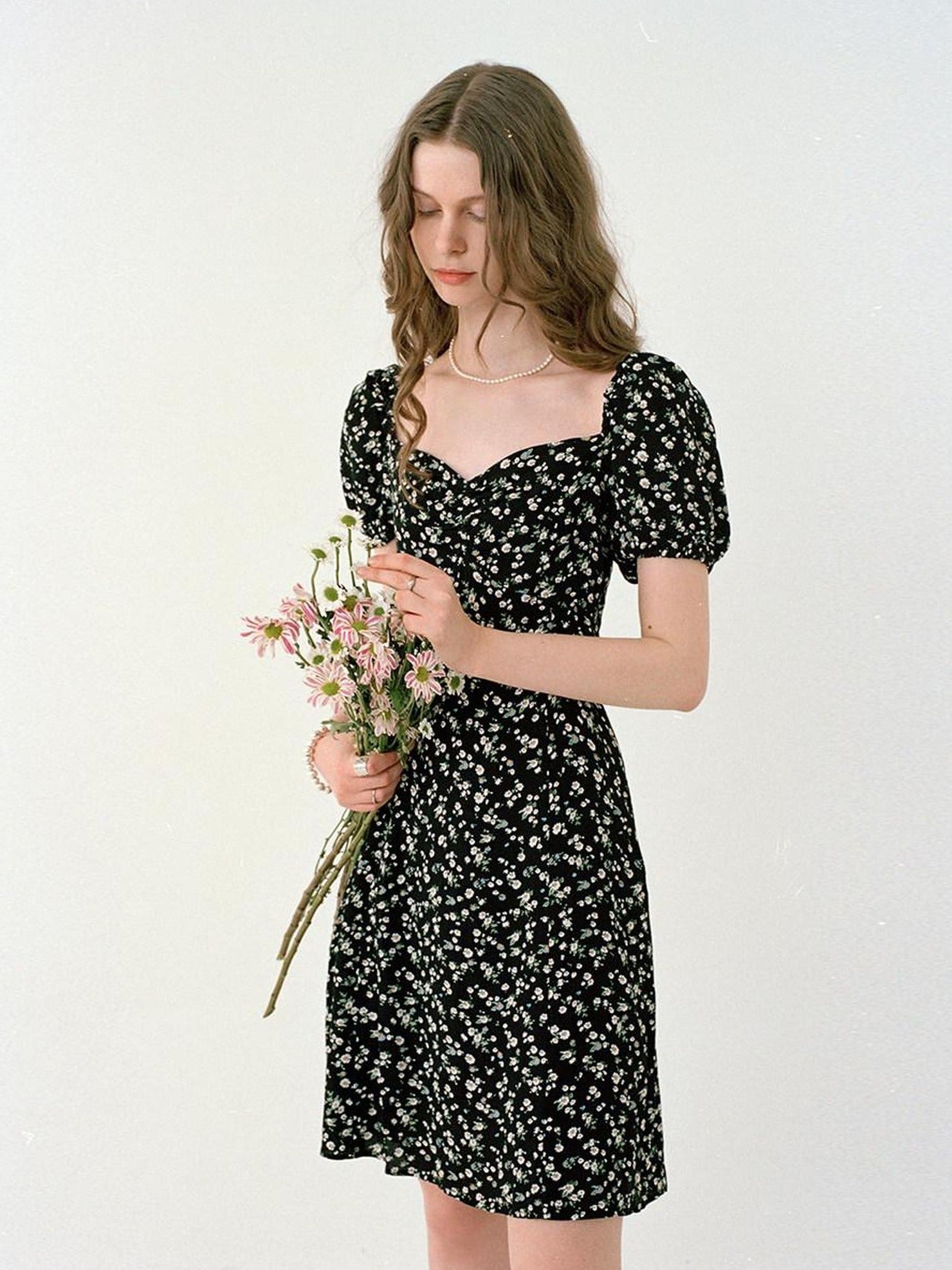 fano Black Floral Puff Sleeve V-neck High Waist A Line Office Chic Midi Dresses