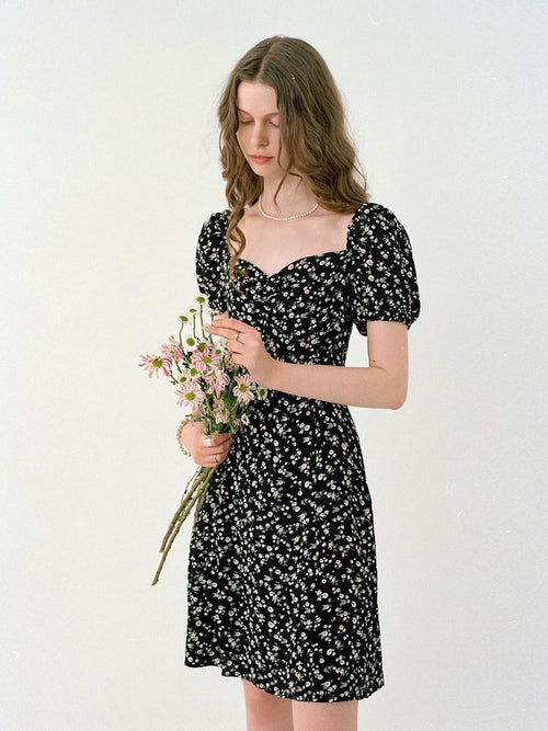 fano Black Floral Puff Sleeve V-neck High Waist A Line Office Chic Midi Dresses