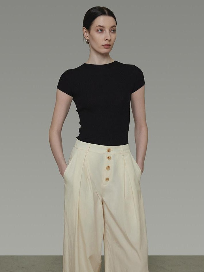 unspoken High Waist Lyocell Blend Pleated Button Minimal Workwear Wide Leg Pants
