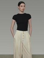 unspoken High Waist Lyocell Blend Pleated Button Minimal Workwear Wide Leg Pants
