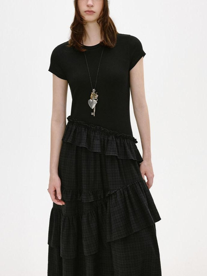 fano Breathable Viscose A Line Plaid Short Sleeve Korean Commuter Casual Maxi Dresses