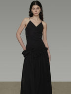 unspoken Ultra Soft Tencel A Line Cinched Waist Minimalist Commuter Black Maxi Dresses