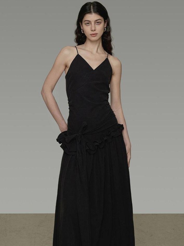 unspoken Ultra Soft Tencel A Line Cinched Waist Minimalist Commuter Black Maxi Dresses