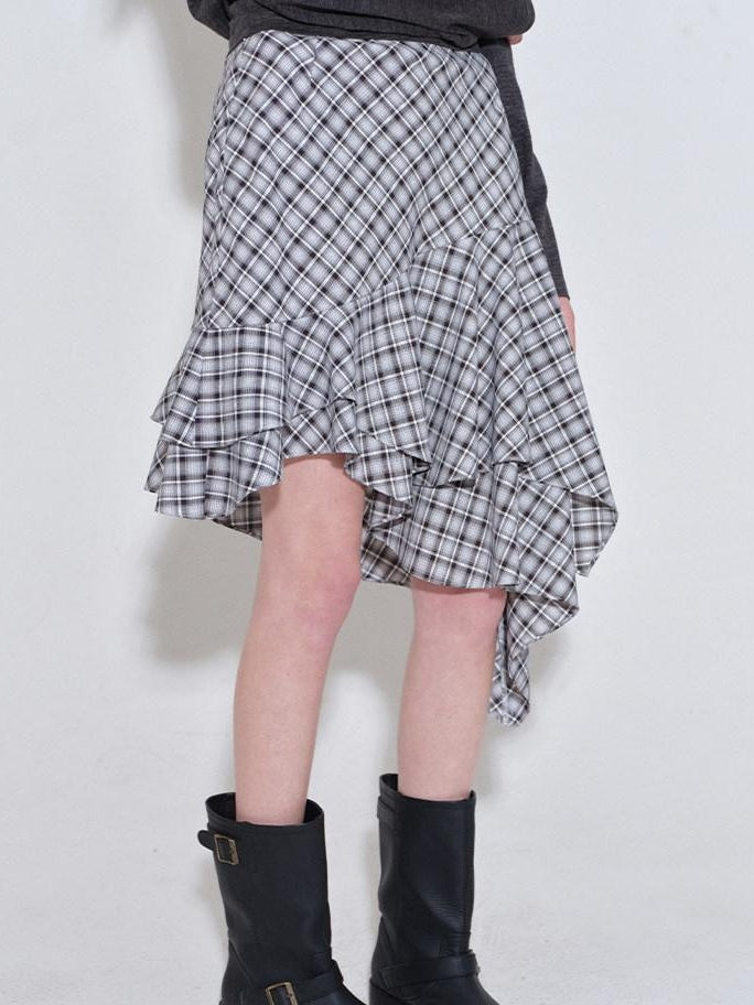 fano Plaid Asymmetric Hem Mid Waist Loose Casual Women Polyester Blend Midi Skirts