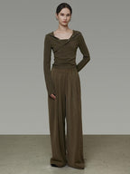 unspoken High Waist Breathable Tailored Loose Solid Brown Green Women Wide Leg Pants