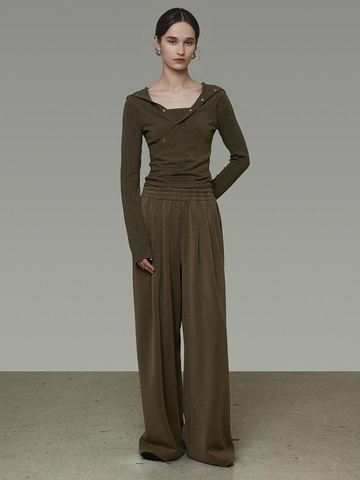 unspoken High Waist Breathable Tailored Loose Solid Brown Green Women Wide Leg Pants