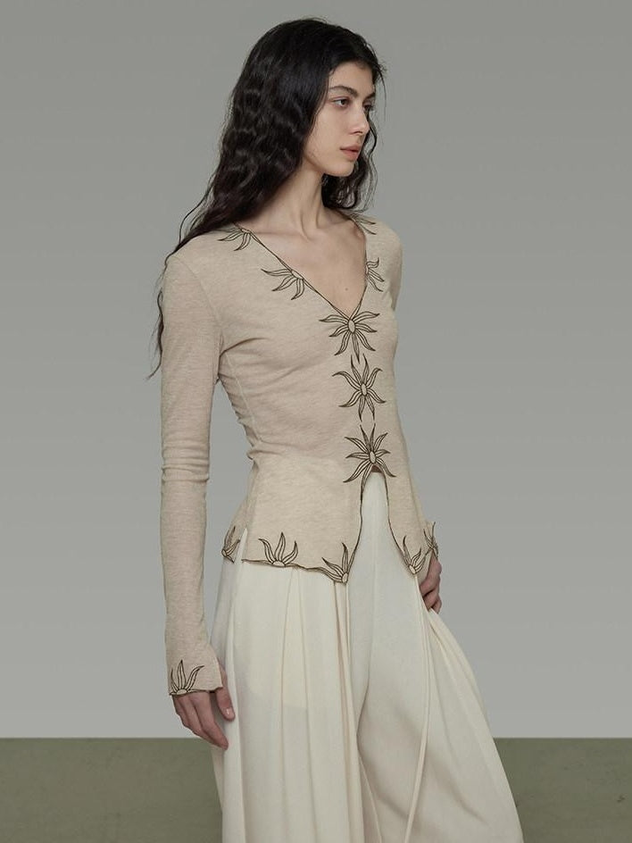 unspoken Embroidered Floral V-neck Slim Fit Bell Sleeve Casual Women Polyester Blouses