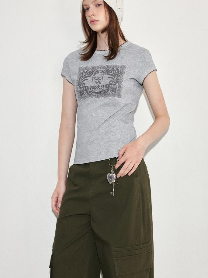 fano Lyocell Blend Heather Gray Printed Slim Korean Crewneck Short Sleeve T-Shirts