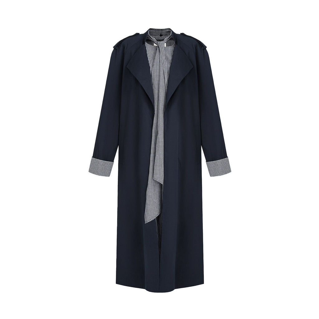 unspoken_Minimal_Navy_Plaid_Single_Breasted_Midlength_Relaxed_Women_Trench_Coats_MISSTT