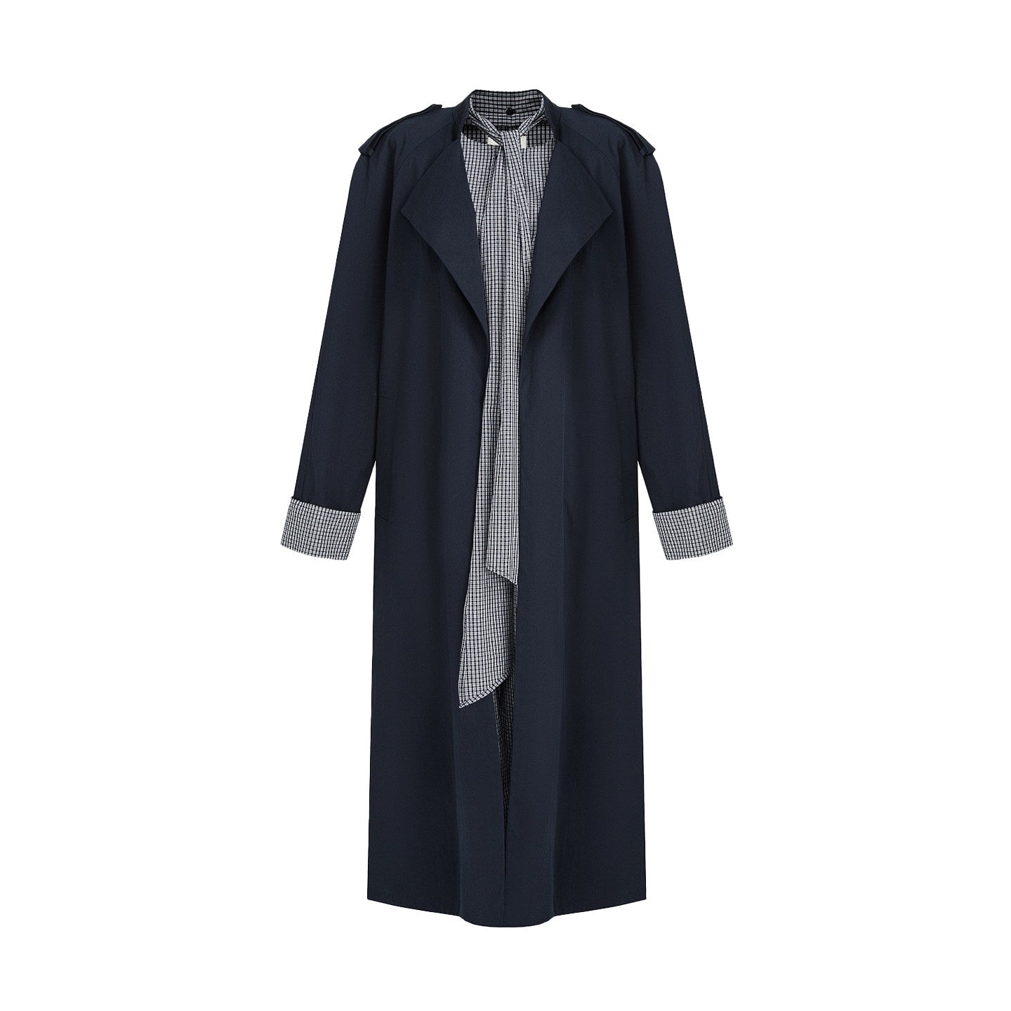 unspoken_Minimal_Navy_Plaid_Single_Breasted_Midlength_Relaxed_Women_Trench_Coats_MISSTT