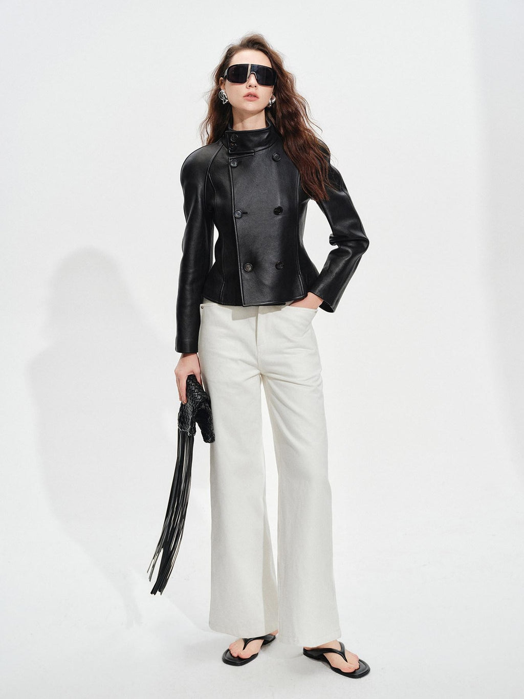 audreyyang Breathable Cotton High Waist Tailored Pockets Button Fly White Straight Pants