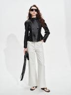 audreyyang Breathable Cotton High Waist Tailored Pockets Button Fly White Straight Pants