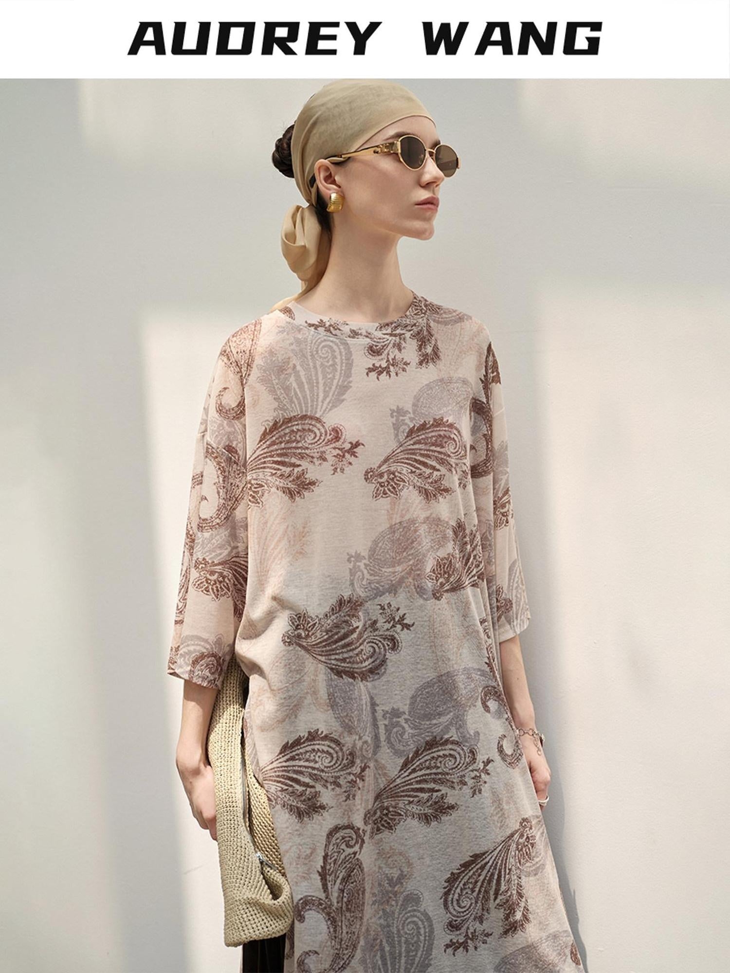 audreyyang Light Commuter Loose Paisley Print Round Neck Women Long Sleeve T-Shirts
