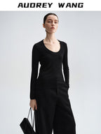 audreyyang Sheep Wool Slim Fit Crew Neck Knit Women Black Gray Brown Sweaters
