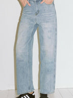 fano High Waist Cotton Floral Blue Zip Fly Loose Fit Women Straight Leg Jeans