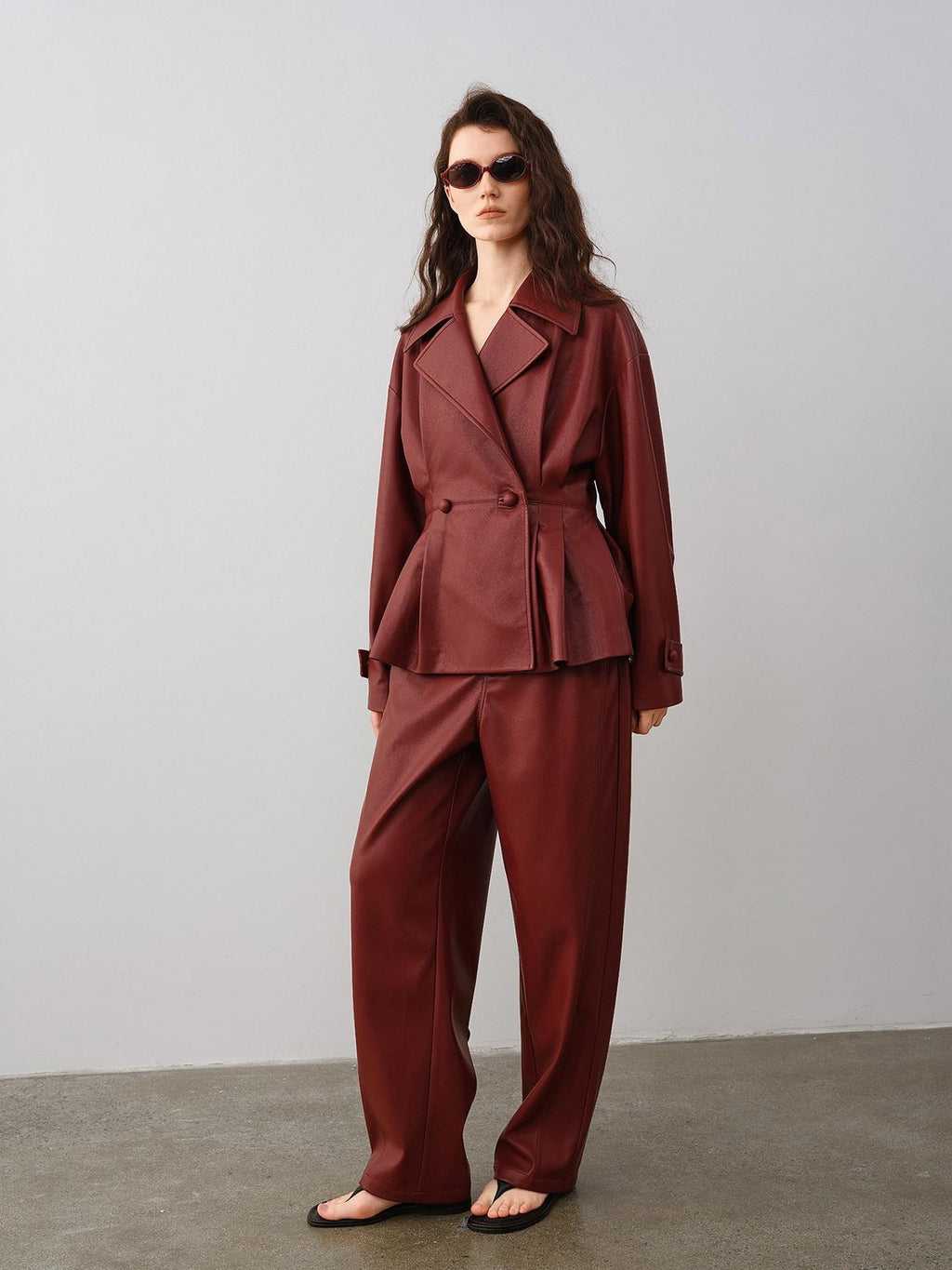 audreyyang 100 Percent Polyester Loose Fit Burgundy Women Wide Leg Pants